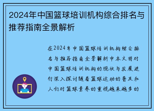 2024年中国篮球培训机构综合排名与推荐指南全景解析